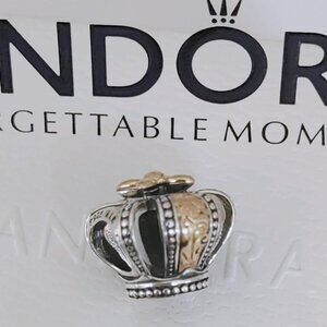 Pandora Two-tone Regal Crown Dangle Charm S925 Sterling Silver Bracelet Pendant